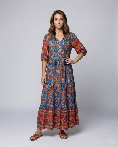 Damen Maxikleid Boho-Stil Quastenbindung Stoffvolant - Eveloria