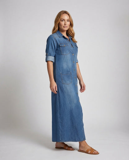 Damen Jeanskleid Mit Hüfttaschen Blau - Eveloria