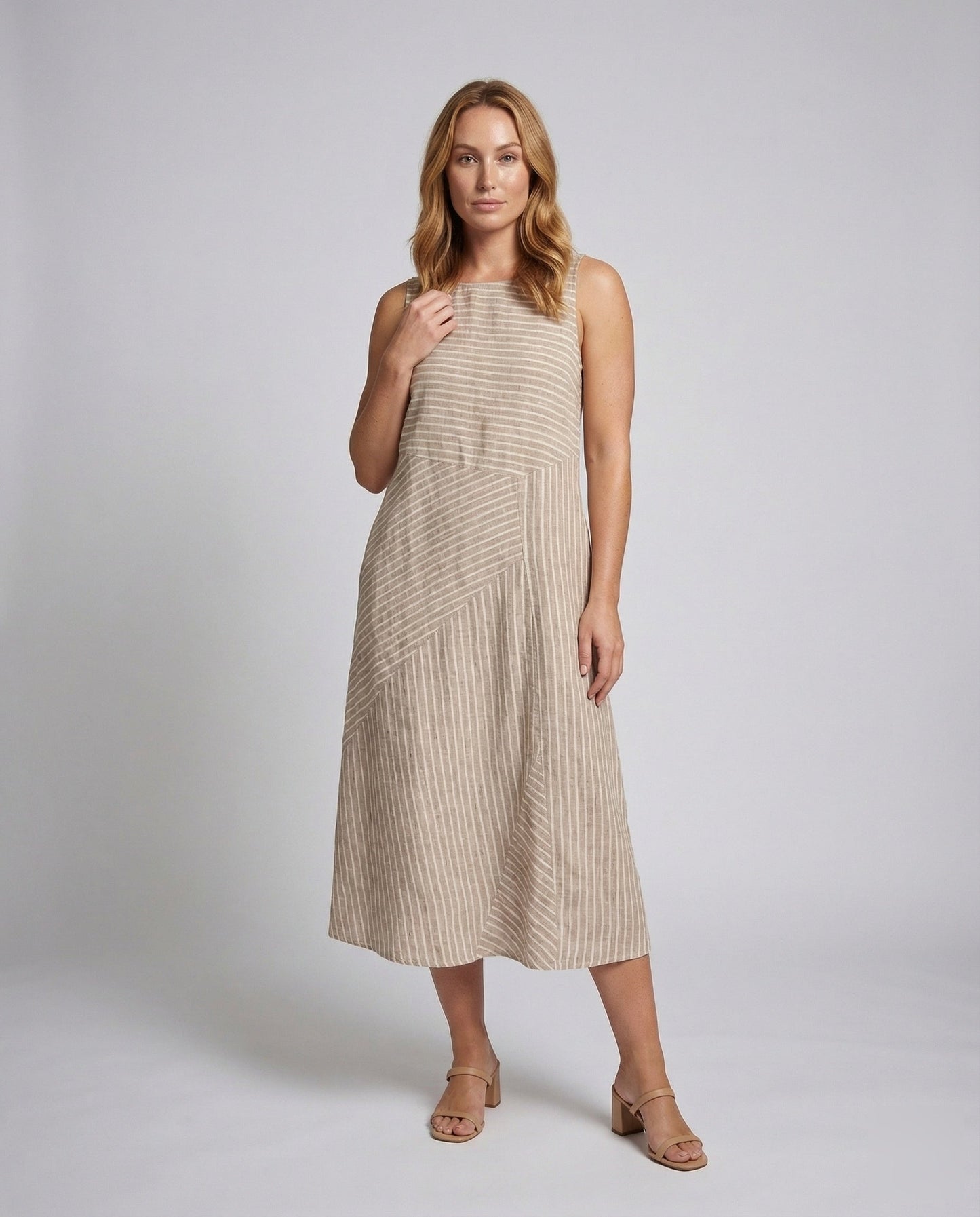 Damen Midikleid Leinenmix Diagonale Streifen Optik - Eveloria