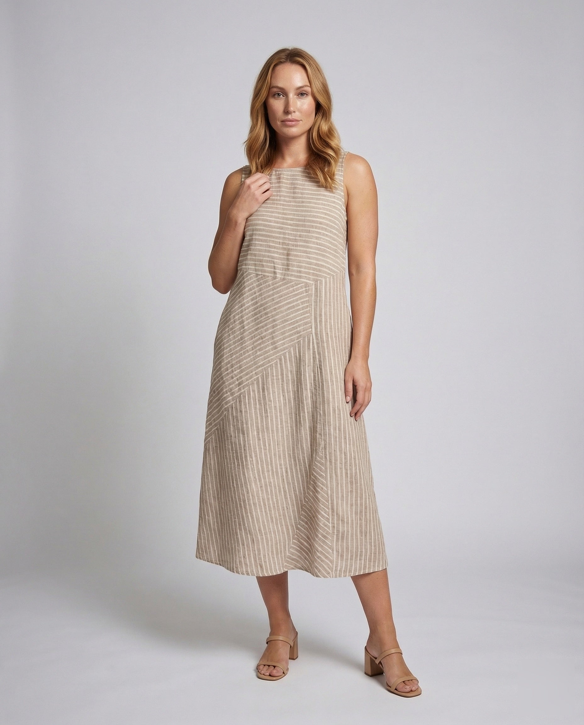 Damen Midikleid Leinenmix Diagonale Streifen Optik - Eveloria