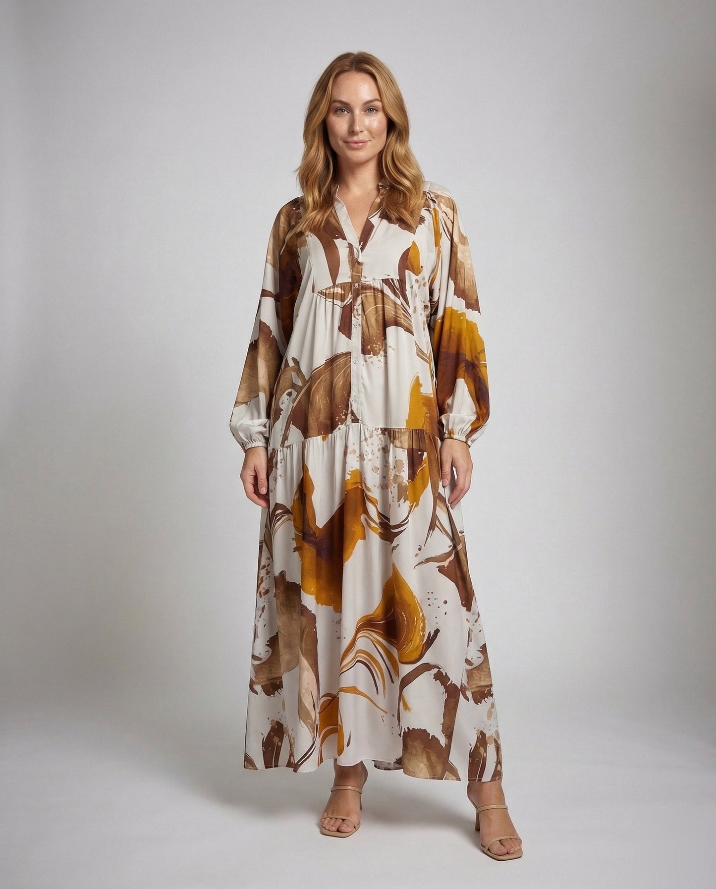 Damen Maxikleid Stufenrock Ballonärmel - Eveloria