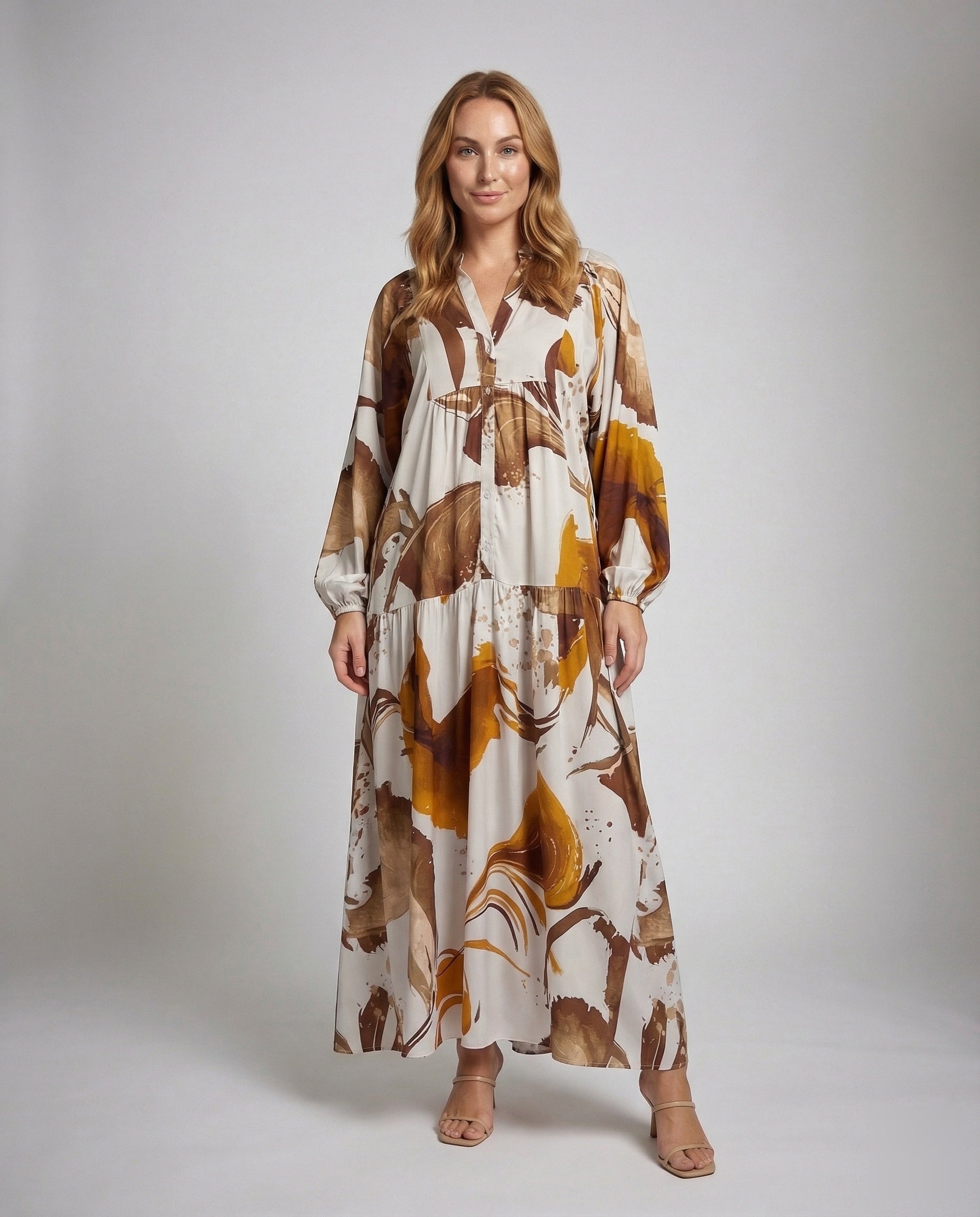 Damen Maxikleid Stufenrock Ballonärmel - Eveloria