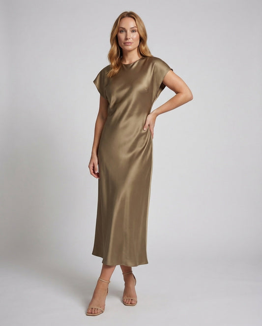 Damen Satin Maxikleid Cap-Ärmel Schlüssellochverschluss - Eveloria