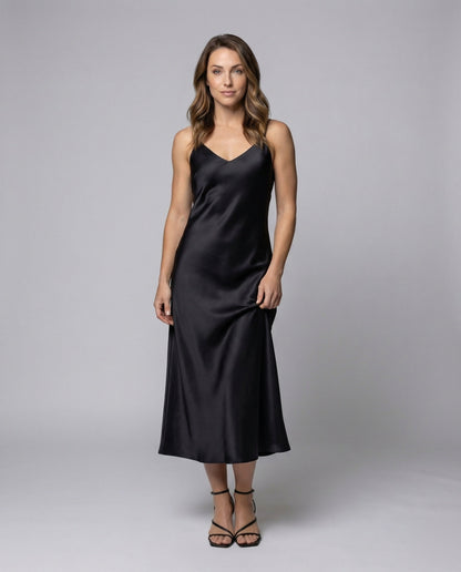 Damen Maxikleid Satin V-Ausschnitt Schwarz - Eveloria