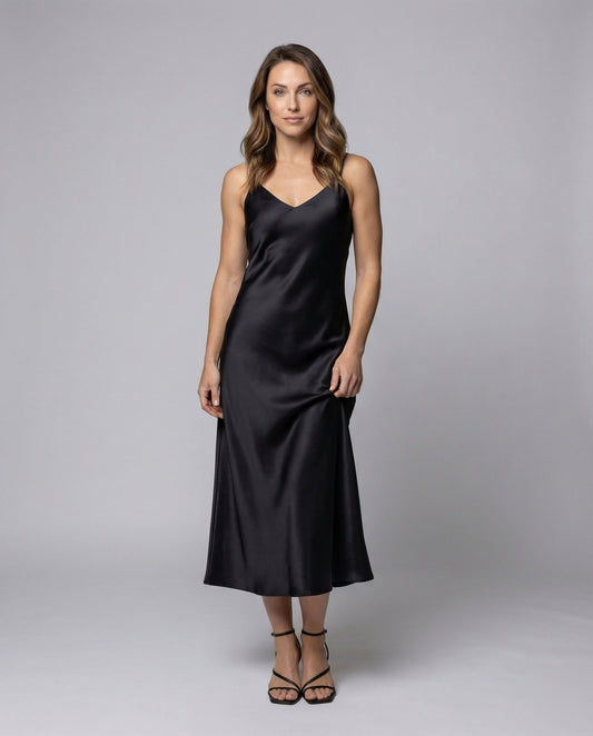 Damen Maxikleid Satin V-Ausschnitt Schwarz - Eveloria