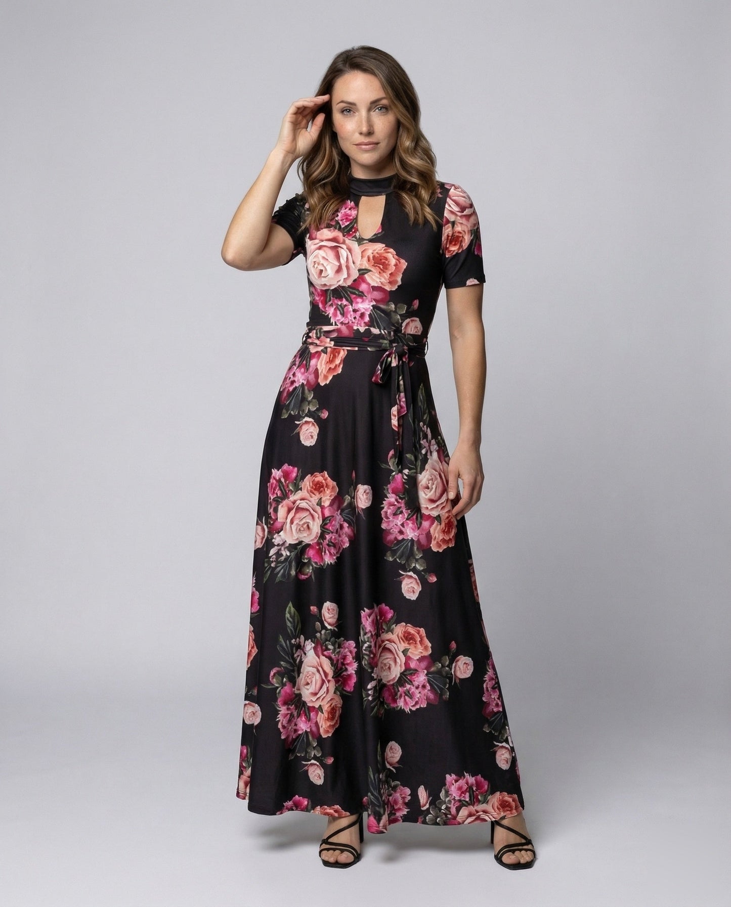 Damen Maxikleid Florales Muster Dekolleté Schwarz - Eveloria
