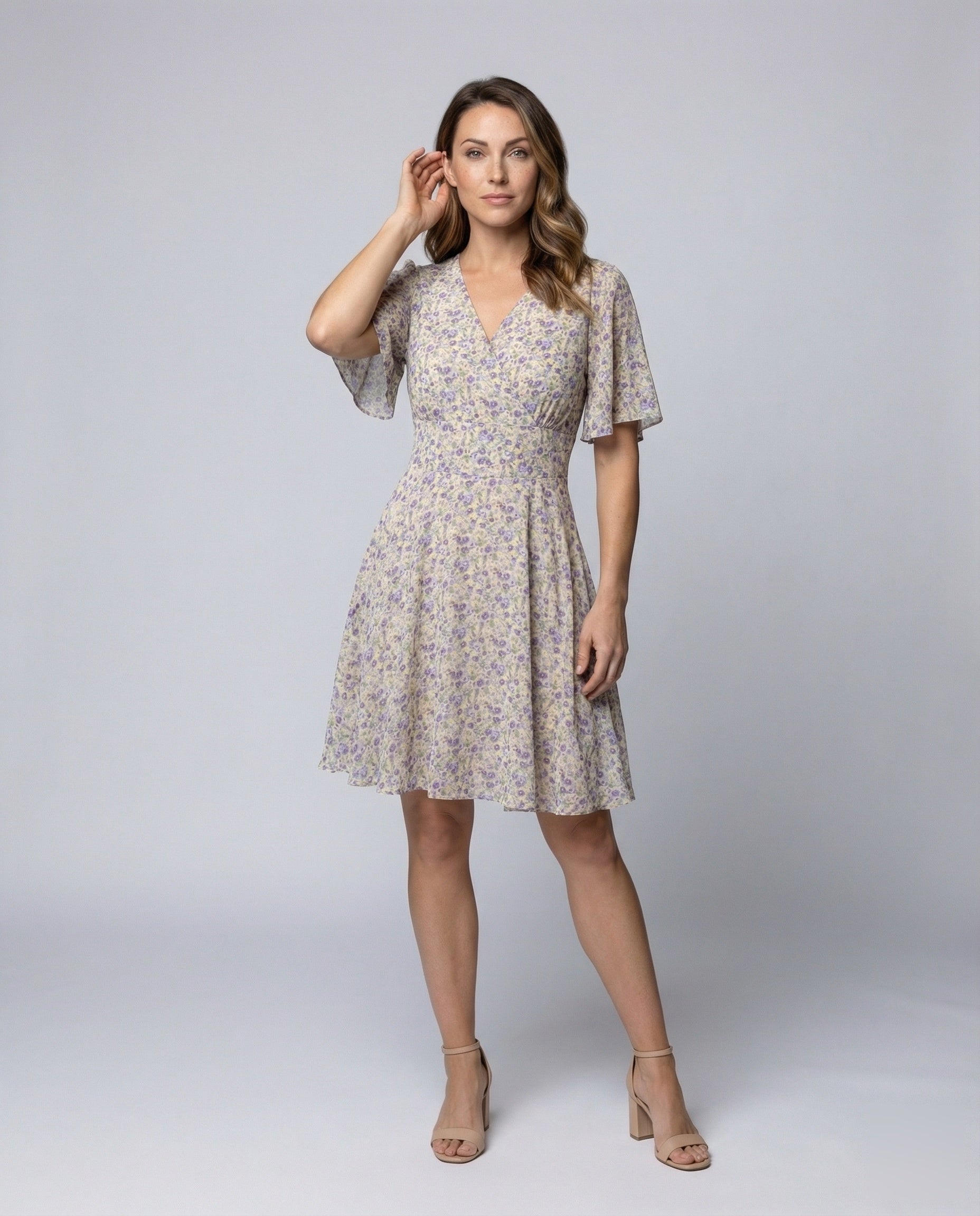 Damen Midikleid A-Linie Flatterärmel Wickelkleid - Eveloria