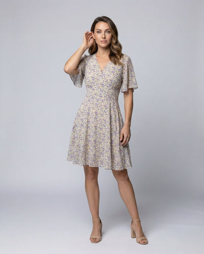 Damen Midikleid A-Linie Flatterärmel Wickelkleid - Eveloria