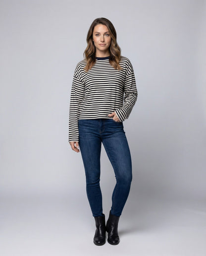 Damen Langarmshirt Breton-Stil Boxy-Schnitt Weiß - Eveloria
