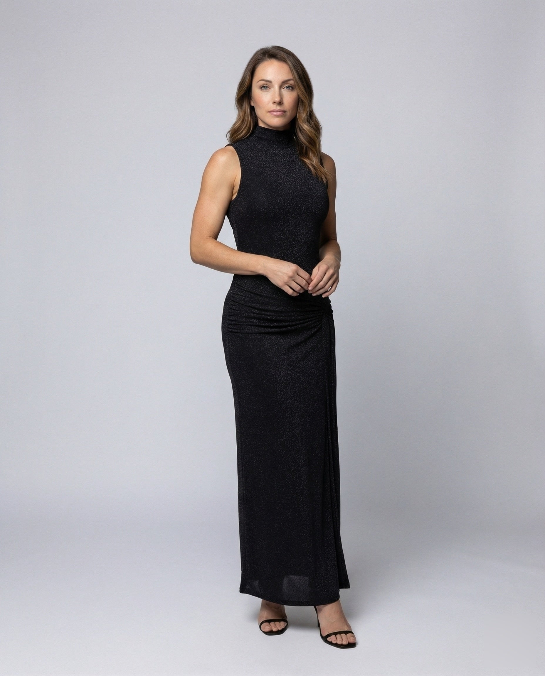 Damen Maxikleid Glitzer Stehkragen Seitliche Drapierung - Eveloria