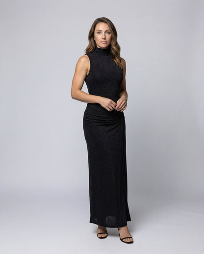 Damen Maxikleid Glitzer Stehkragen Seitliche Drapierung - Eveloria