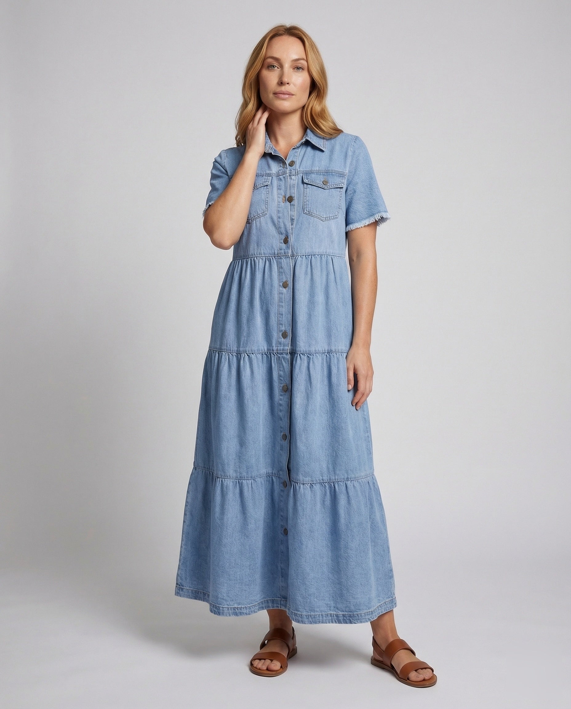 Damen Maxikleid Jeans Stufenrock Blusenstil - Eveloria