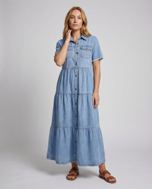 Damen Maxikleid Jeans Stufenrock Blusenstil - Eveloria