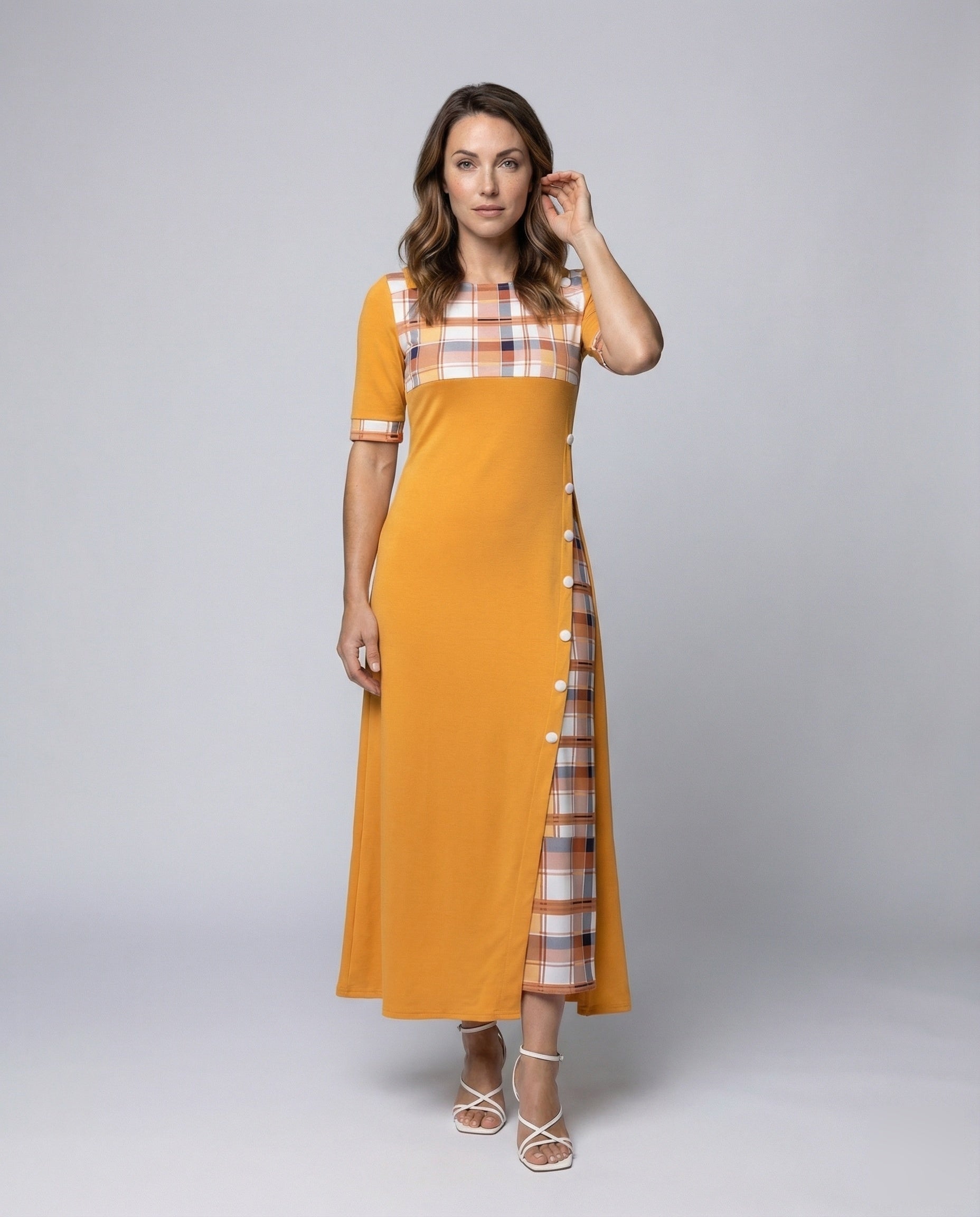 Damen Maxikleid Jersey Karierter Brustbesatz - Eveloria