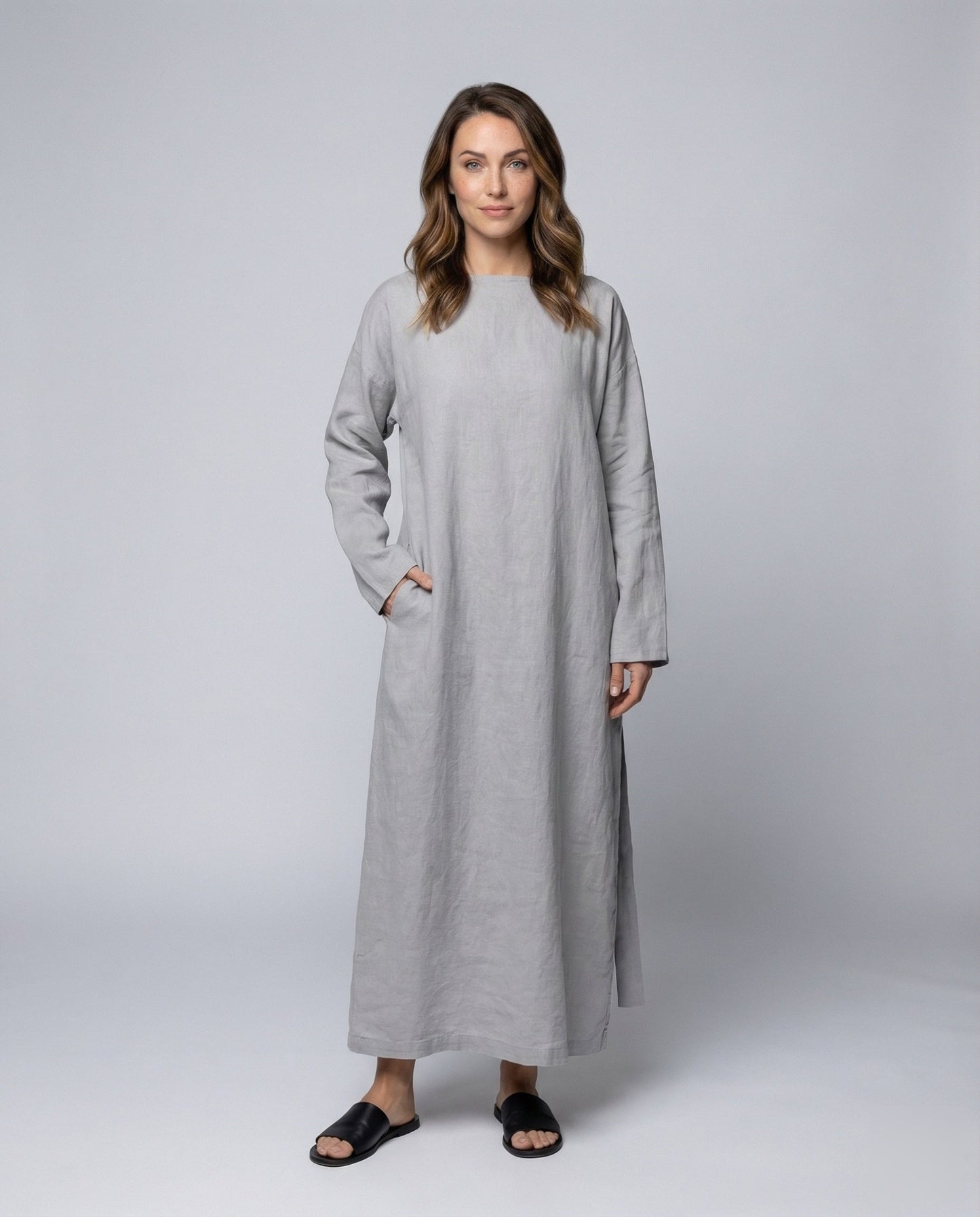 Damen Leinenkleid Mit Taillenschärpe Dreiviertelärmel - Eveloria