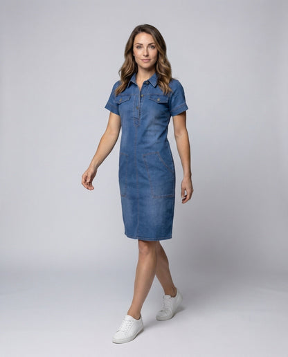 Damen Denim-Kleid Knielang Mit Brusttaschen - Eveloria