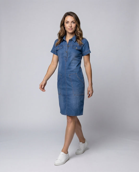 Damen Denim-Kleid Knielang Mit Brusttaschen - Eveloria