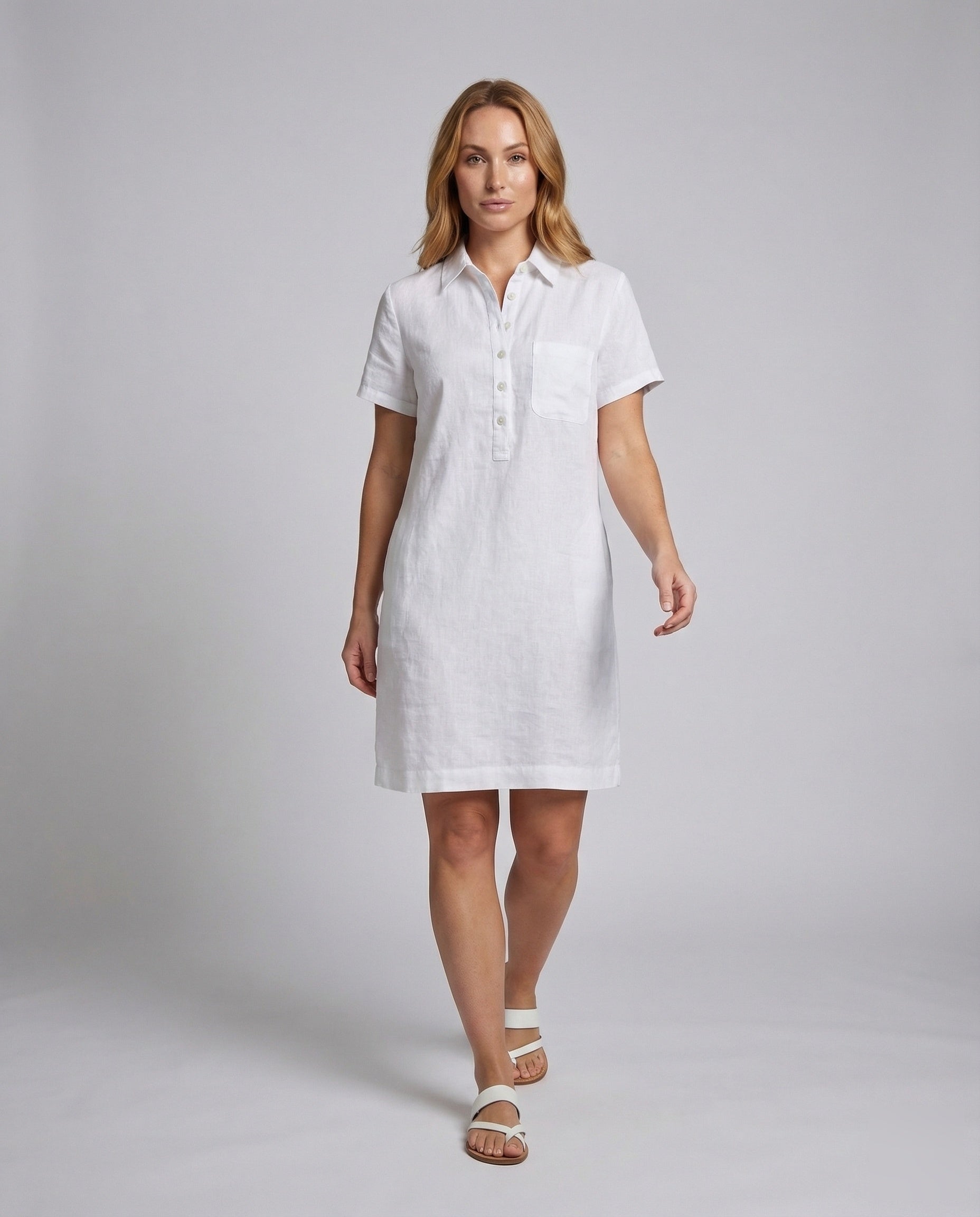 Damen Leinenkleid mit Knopfleiste Halblang - Eveloria
