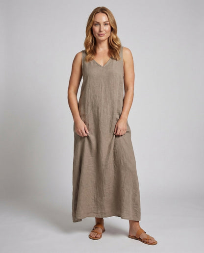 Damen Leinenkleid V-Ausschnitt Sommerkleid - Eveloria