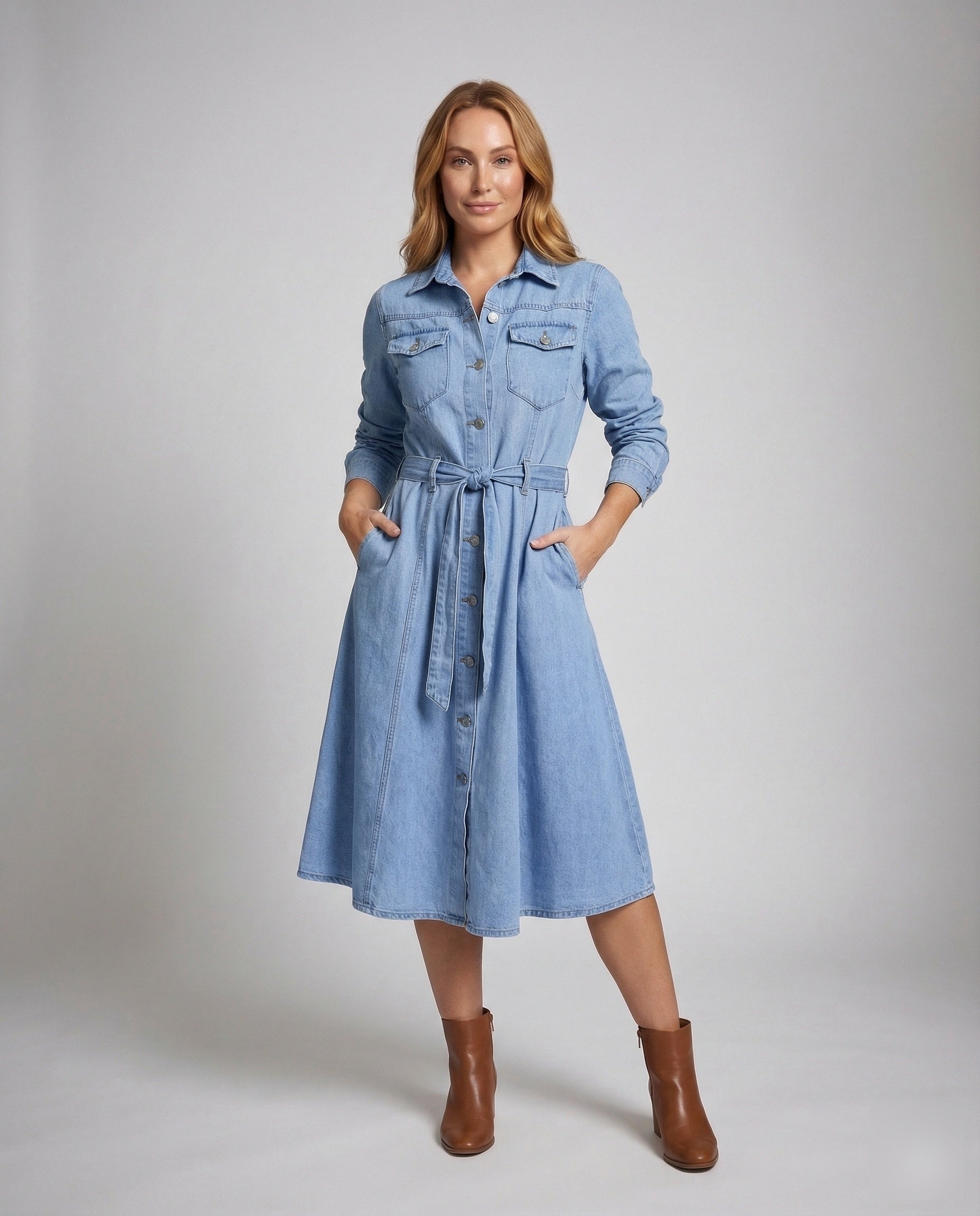 Damen Jeanskleid A-Linie Knöpfbar mit Bindegürtel - Eveloria