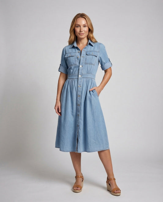 Damen Jeanskleid Midi Smock-Taille mit Taschen - Eveloria