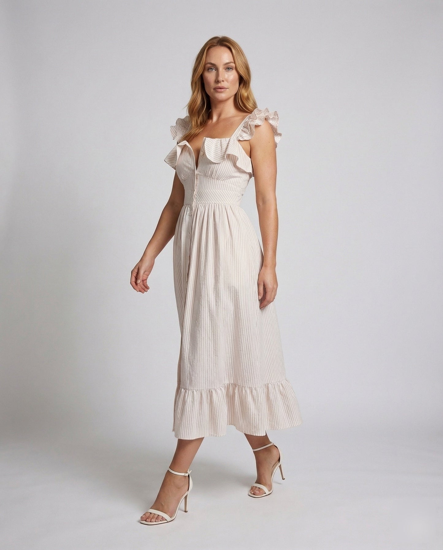 Damen Midikleid Rüschenträger Geraffter Rock - Eveloria