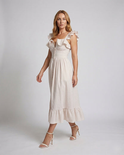 Damen Midikleid Rüschenträger Geraffter Rock - Eveloria