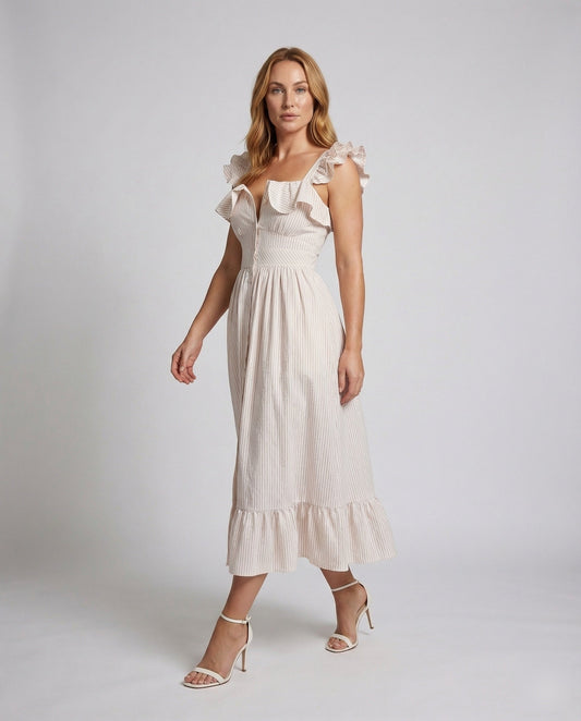 Damen Midikleid Rüschenträger Geraffter Rock - Eveloria