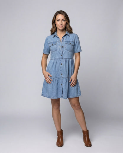 Damen Kurzärmeliges Hemdblusenkleid mit Stufenrock - Eveloria