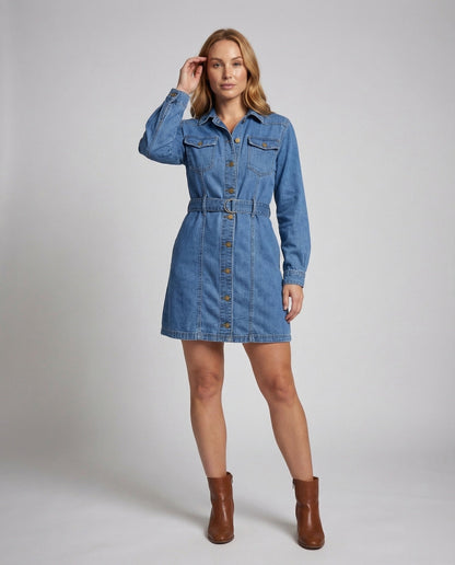 Damen Hemdblusenkleid Jeansstoff Mit Metallknöpfen - Eveloria