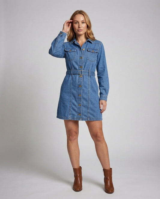Damen Hemdblusenkleid Jeansstoff Mit Metallknöpfen - Eveloria