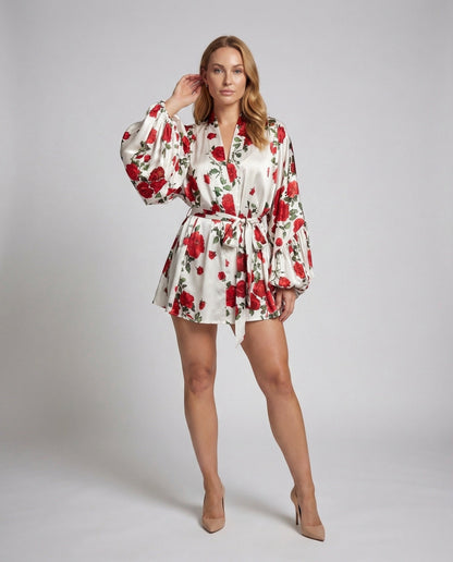 Damen Kimono-Kleid Satin Plissiert Fledermausärmel - Eveloria