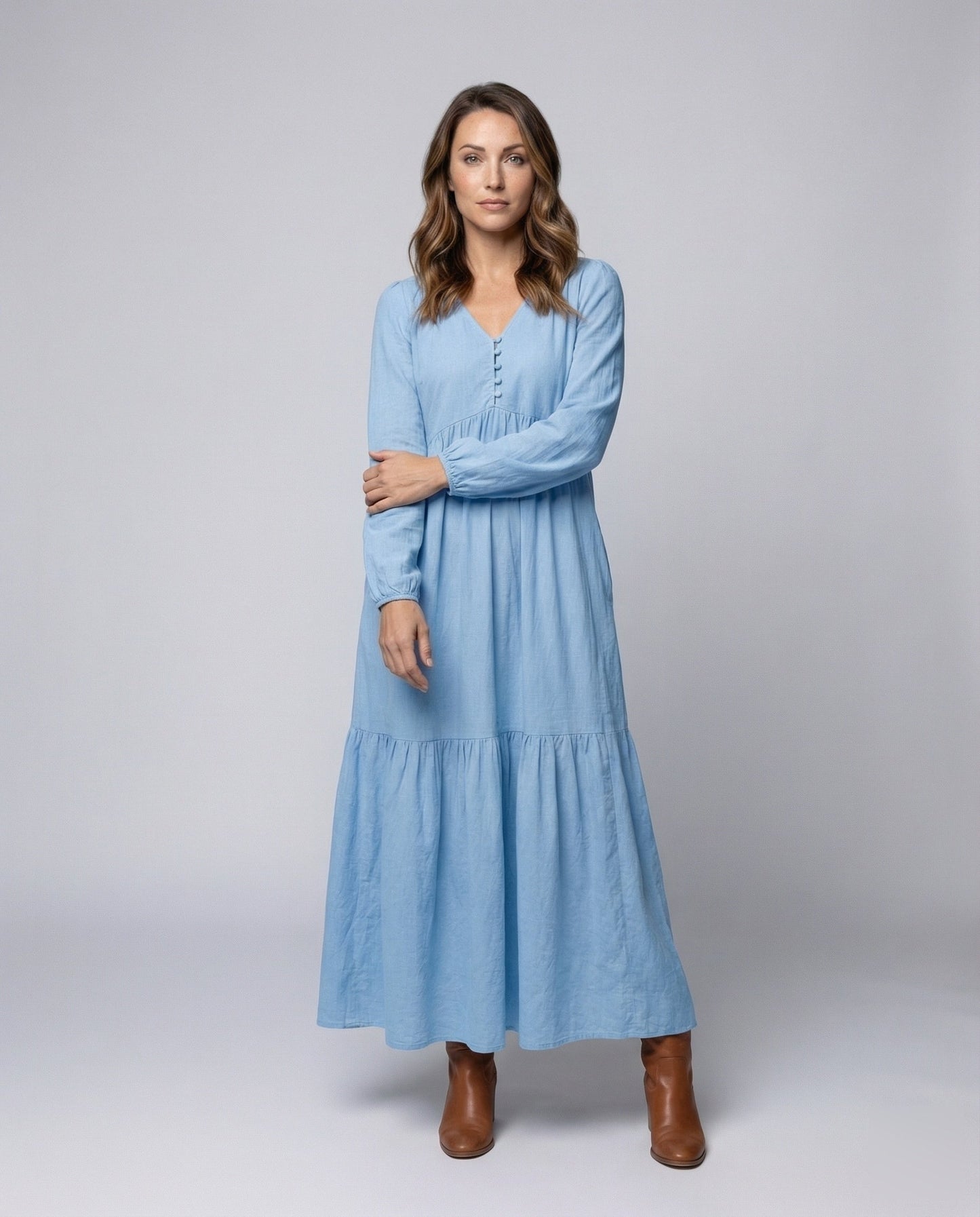 Damen Leinen Maxikleid mit Volant und Beinschlitz - Eveloria
