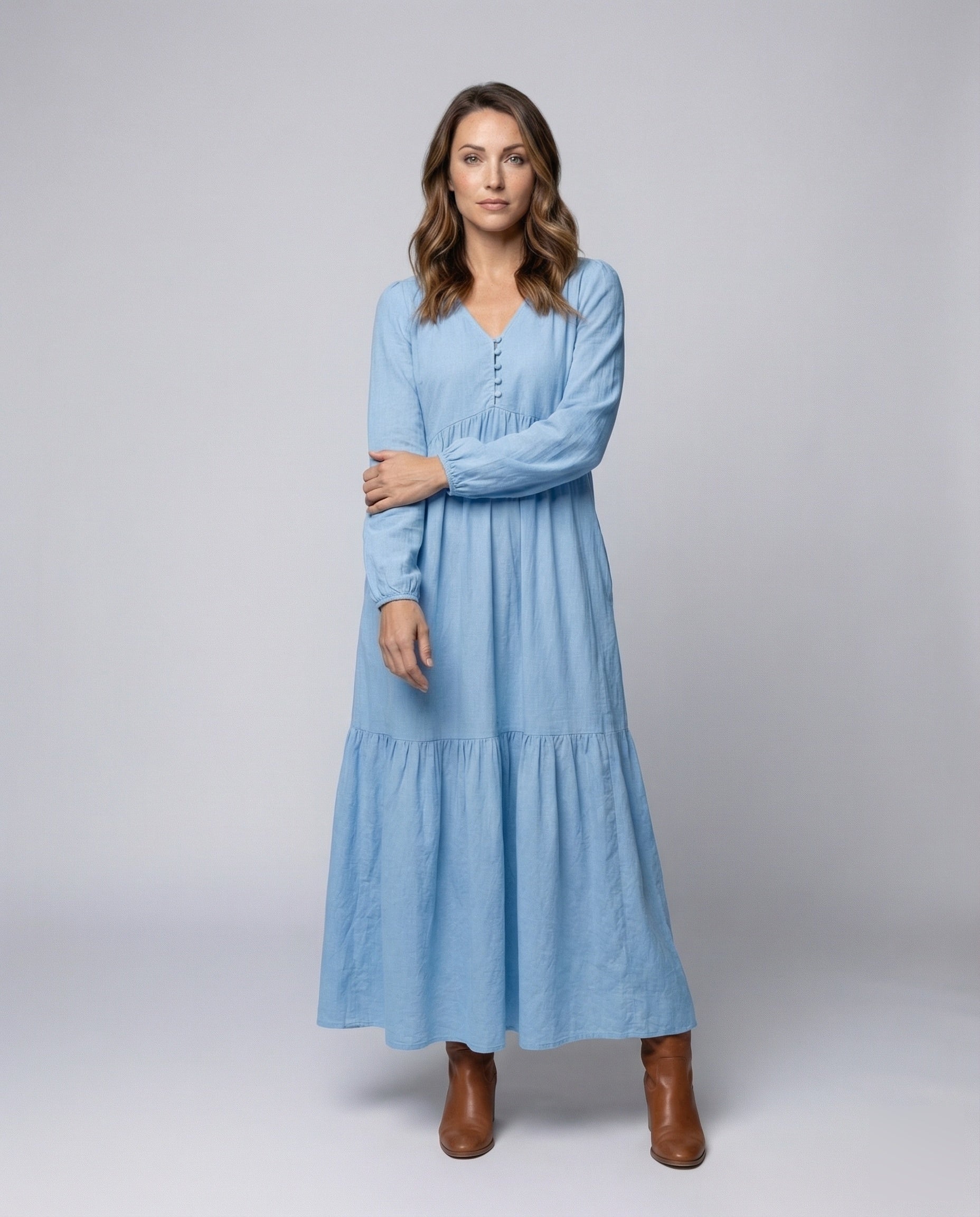 Damen Leinen Maxikleid mit Volant und Beinschlitz - Eveloria