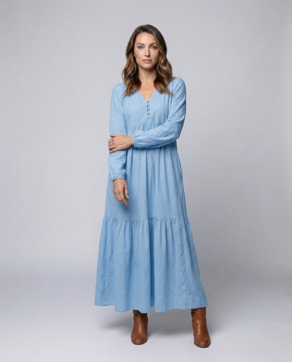 Damen Leinen Maxikleid mit Volant und Beinschlitz - Eveloria