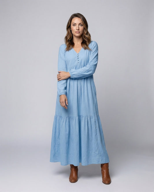 Damen Leinen Maxikleid mit Volant und Beinschlitz - Eveloria