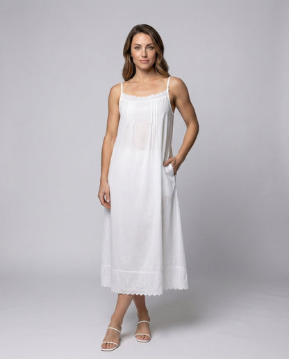 Damen Baumwoll-Unterkleid mit Spaghettiträgern und Spitzensaum - Eveloria