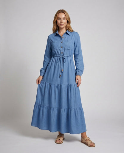 Damen Hemdblusenkleid Chambray Kordelzug Blau - Eveloria