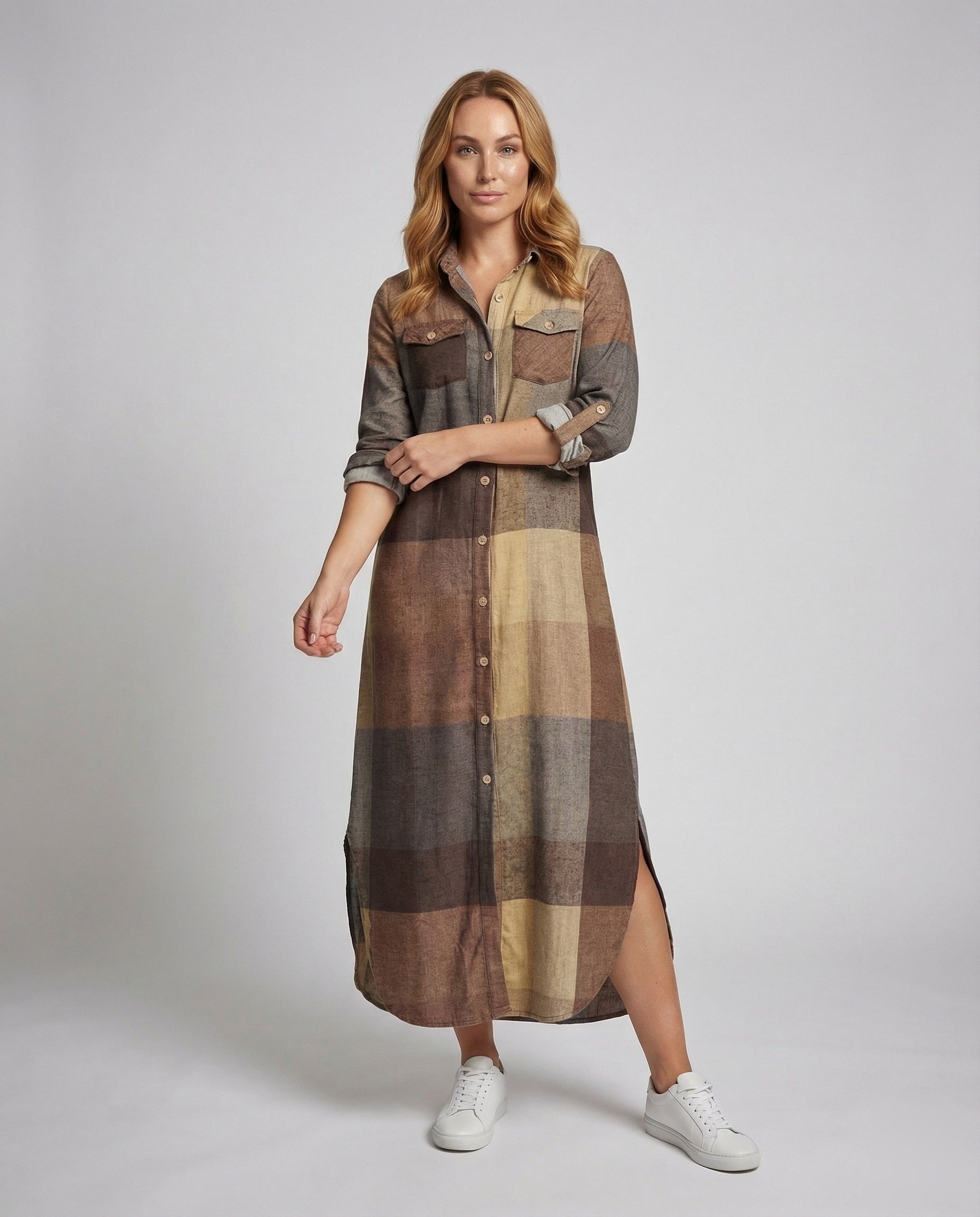 Damen Karo Hemdenkleid Hohes Seitenschlitz-Design - Eveloria