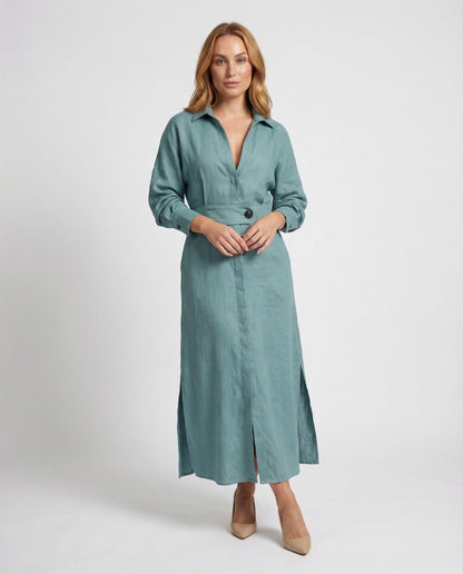 Damen Leinenkleid mit Taillengürtel und Seitenschlitzen - Eveloria