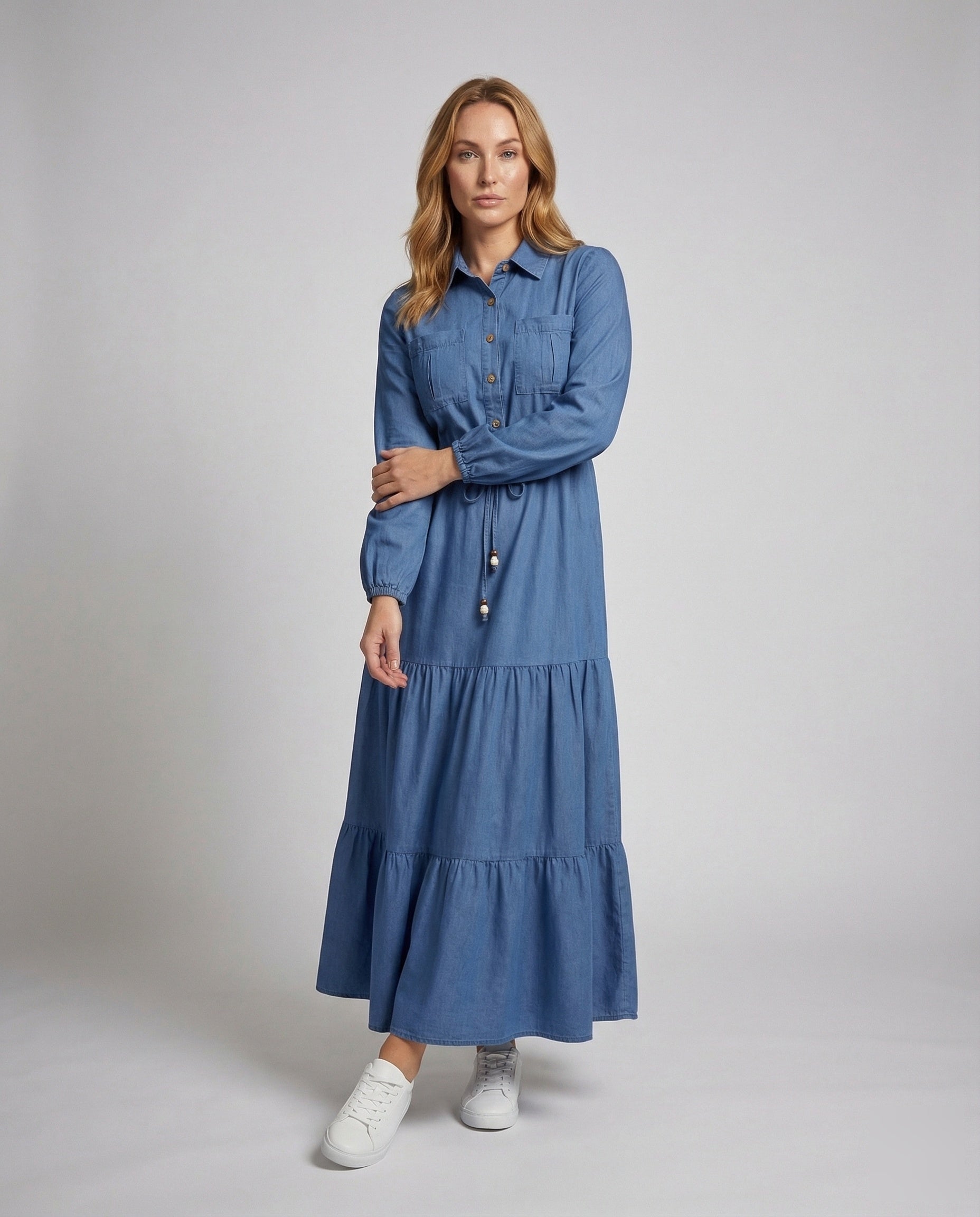 Damen Maxikleid Mit Hemdkragen Und Stufenrock - Eveloria