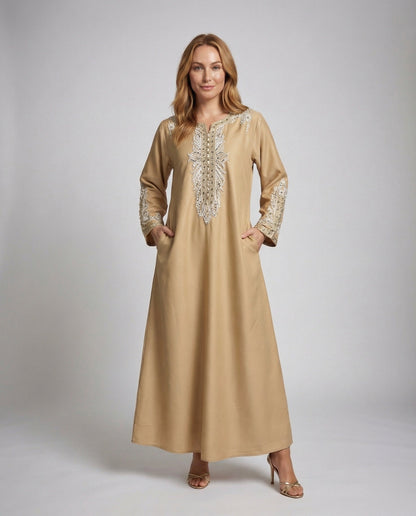 Damen Kaftan-Kleid Satin Perlenstickerei Breite Manschetten - Eveloria