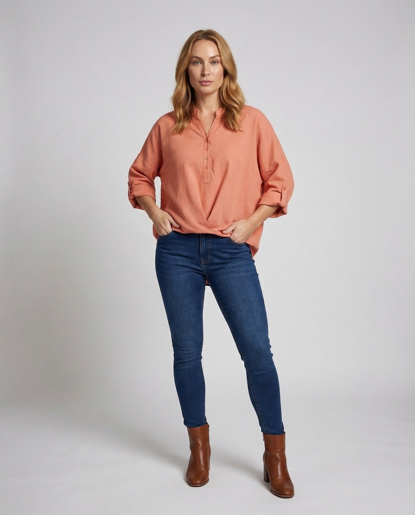 Oversize Pullover Damen Halbe Knopfleiste Vorne Gerafft Beige - Eveloria
