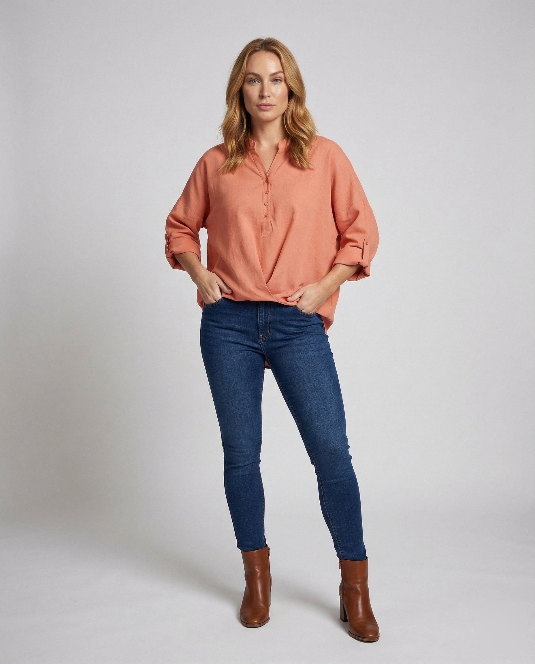 Oversize Pullover Damen Halbe Knopfleiste Vorne Gerafft Beige - Eveloria