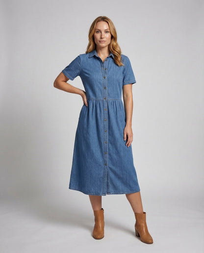 Damen Jeanskleid Taillierte Teilungsnaht Blau - Eveloria