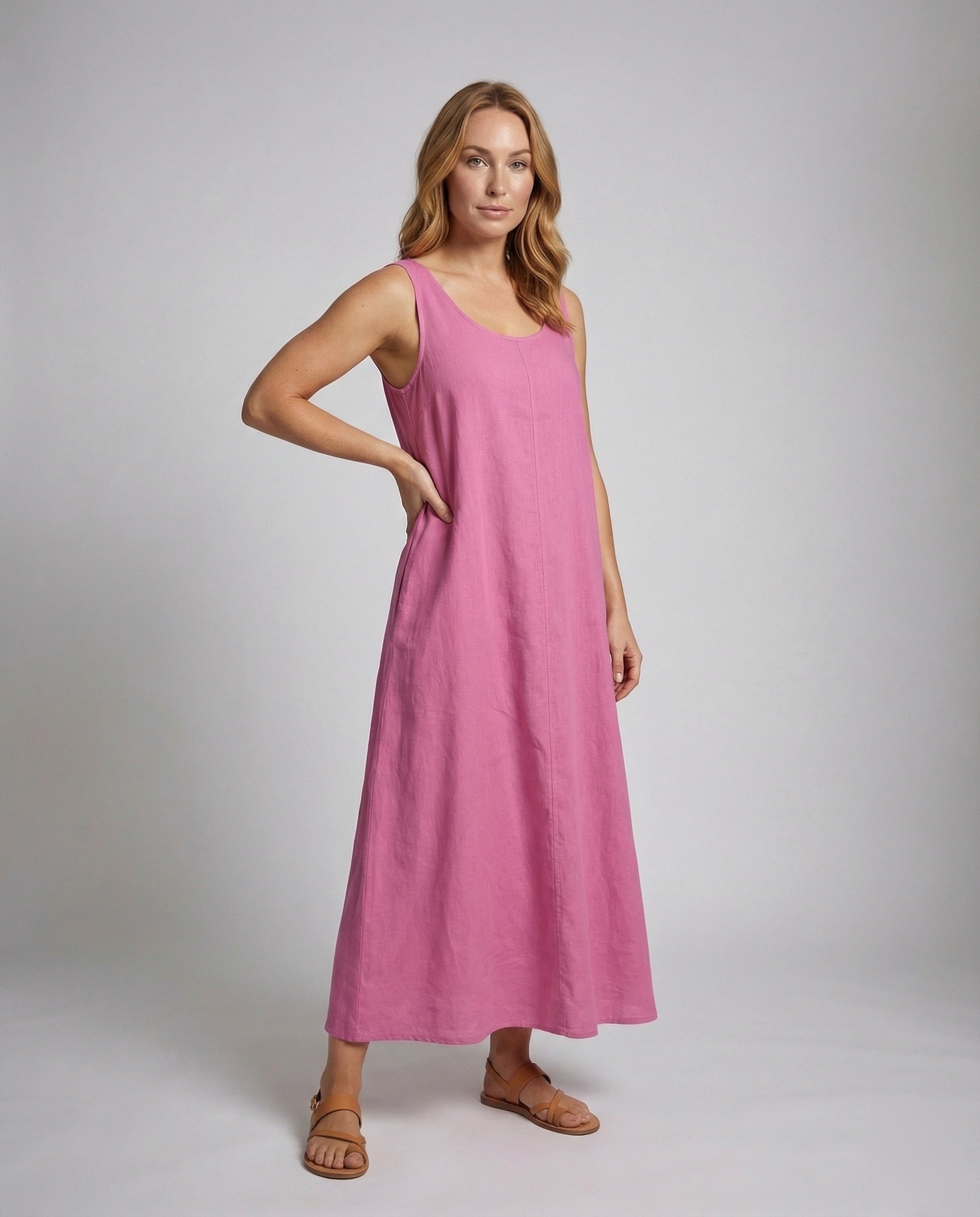 Damen Maxikleid A-Linie Leinenoptik Gekräuselt - Eveloria