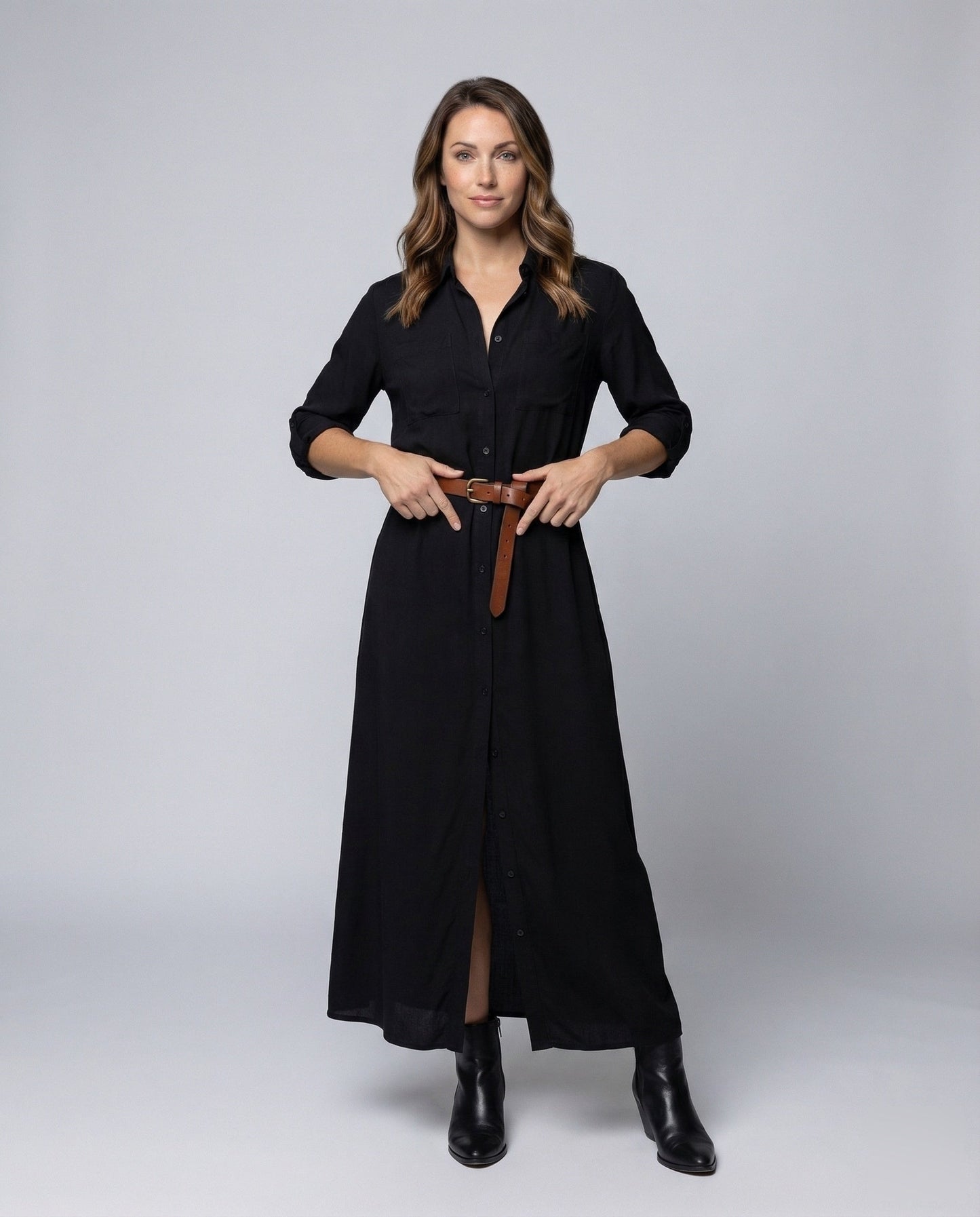 Damen Hemdblusenkleid mit Taillengürtel und Seitenschlitzen - Eveloria