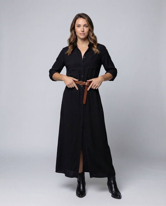 Damen Hemdblusenkleid mit Taillengürtel und Seitenschlitzen - Eveloria
