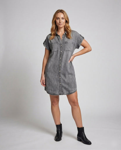 Damen Hemdblusenkleid Denim Umschlagärmel - Eveloria