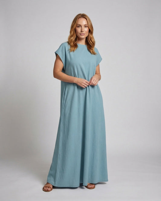 Damen Maxikleid Leinen-Baumwoll U-Ausschnitt - Eveloria